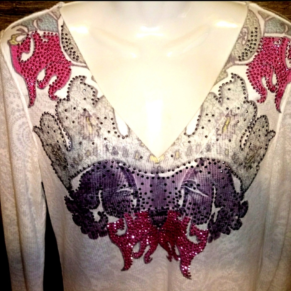 One World Top Size M Waffle Rhinestone Paisley NEW - Picture 9 of 16